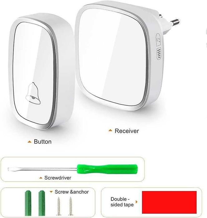 Безжичен звънец с обхват 280 м, 36 мелодии, 4 нива на звука