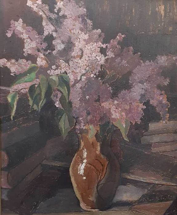 Tablou vechi - carti si liliac - semnat Octav Bancila