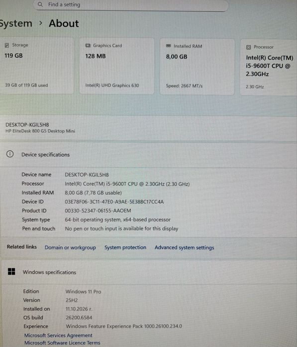 Мини компютър HP EliteDesk 800 G5 Mini Core i5 9600T
