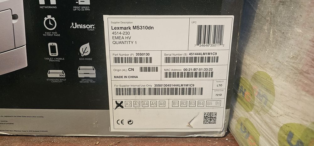 Принтер Lexmark MS310dn новый, лазерный, сетевой, Duplex