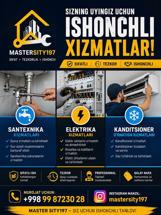 SANTEXNIK ELEKTRIK XIZMATI услуги сантехника электрика сити мастер