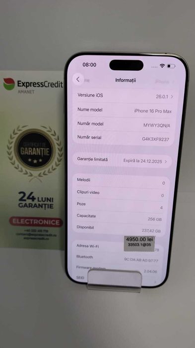 (AG 35) Telefon Iphone 16 Pro Max B.33503 / Garantie 2 ani/ 4850 lei