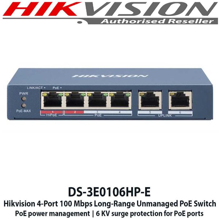 Switch 4 porturi PoE+ 2 Uplink Hikvision DS-3E0106HP-E nou sigilat