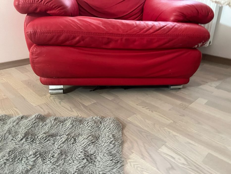 Set canapea + fotoliu din piele naturală roșie