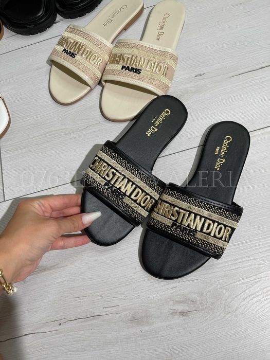 Papuci Slapi Piele eco Brodati Textil - Negri