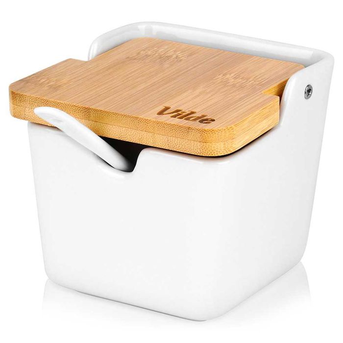 Керамична захарница с бамбуков капак и лъжичка 250 ml