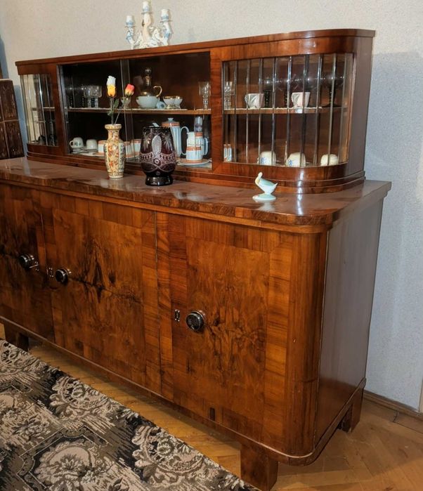 Bufet comoda vitrina an 1930 VINTAGE lemn masiv nuc, Art Deco UNICAT