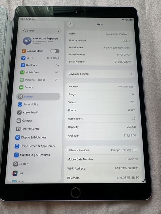 Ipad Air 3rd gen, 10,5" 256gb, Wifi & Cellular (A2123) + Husa Apple