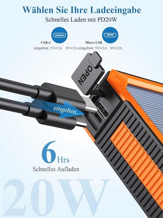 Соларна батерия 20000 mAh, PD20W Водоустойчиво слънчево зарядно устройство USB