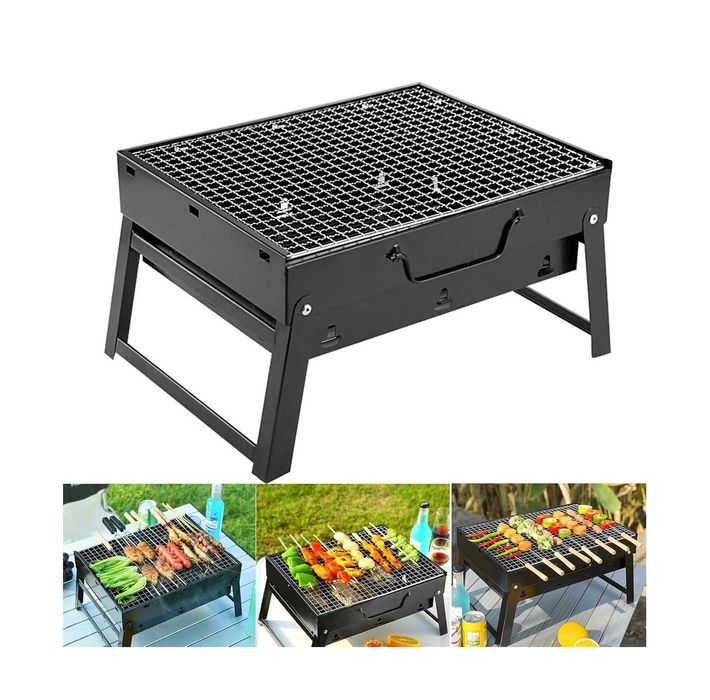 Скара на дървени въглища, BBQ 35x26x20cm, Черна сгъваема преносима