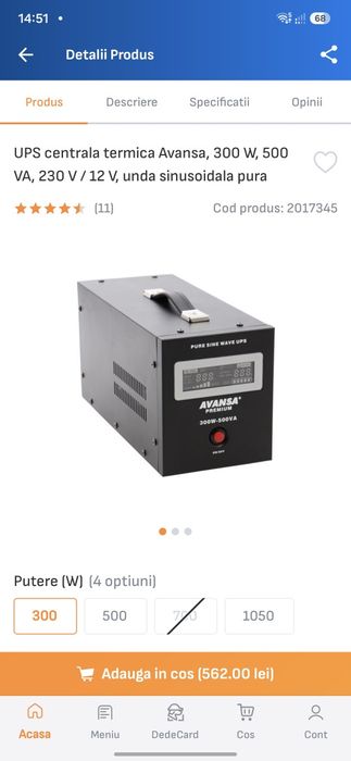 UPS centrală termică Avansa – 300 W, 500 VA, undă sinusoidală pură