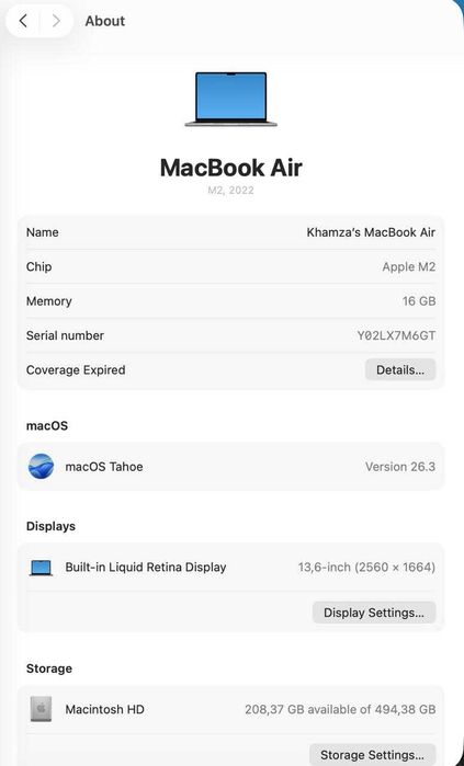 MacBook Air 13.6" M2 (2022), 16GB / 512GB, Space Gray