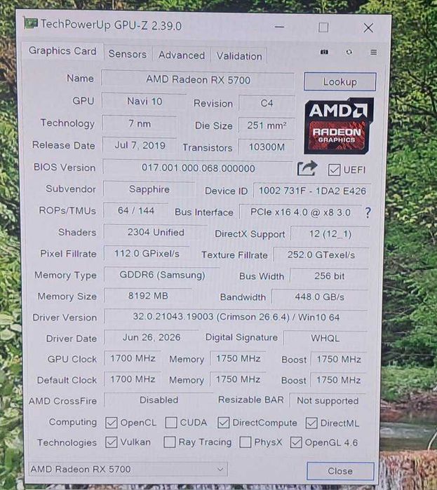 Placa video gaming RX 5700 8GB GDDR6 256bit