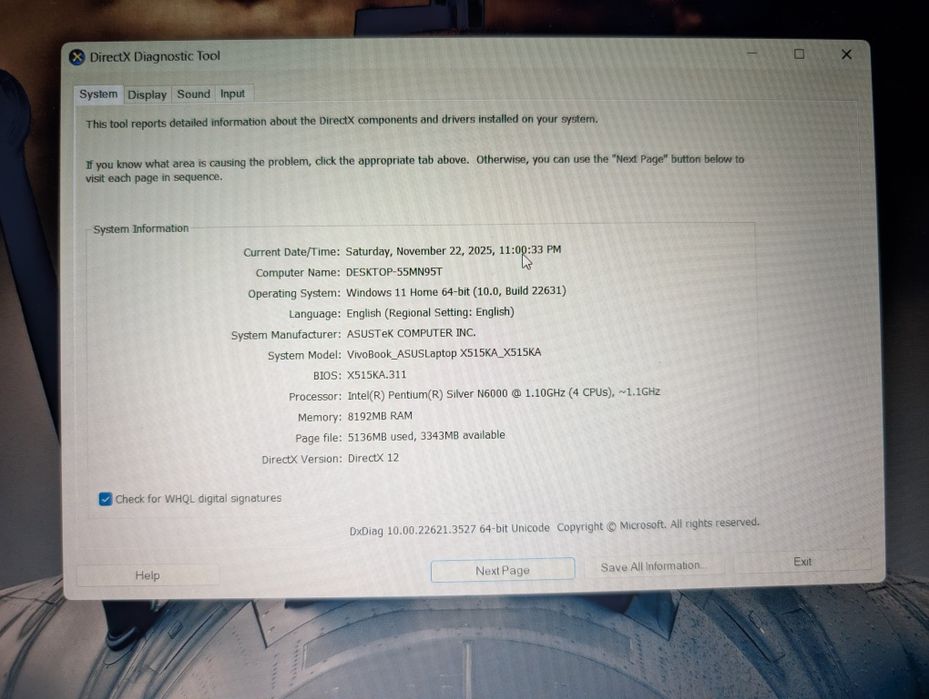 Vand Laptop Asus 8Gb RAM 248 GB SSD QuadCore Windows 11