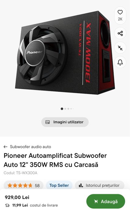 Pioneer Autoamplificat Subwoofer Auto 12" 350W RMS