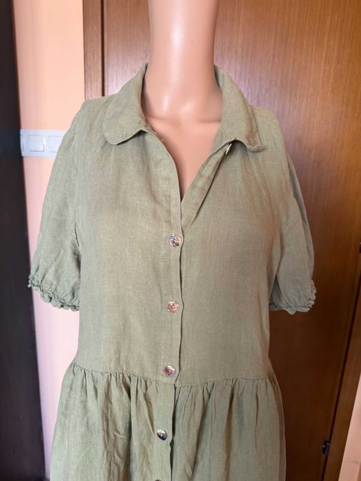 Ленена рокля в маслинено зелен цвят Zara, размер M/L