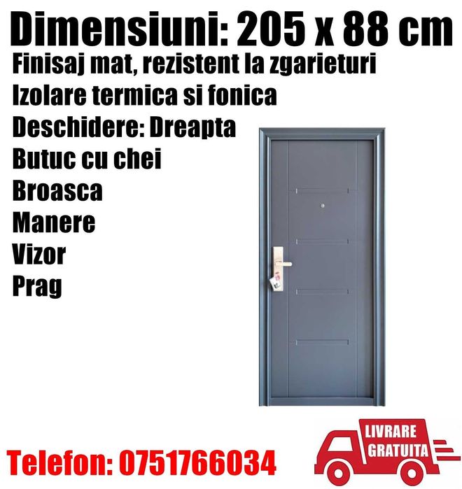 Usa Intrare Metalica Dreapta Gri Antracit Apartament Birou Sediu Boxa Beci Camera Serviciu SQ 205x88cm + LIVRARE GRATUITA BC