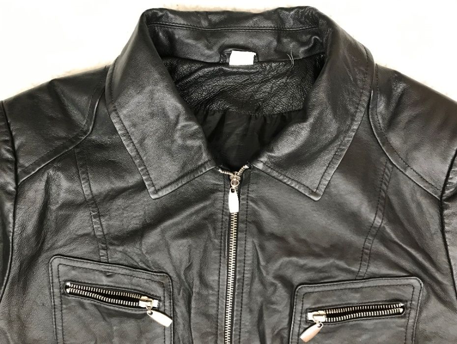 Jacheta neagra barbati piele naturala miel fina 6 buzunare haina geaca