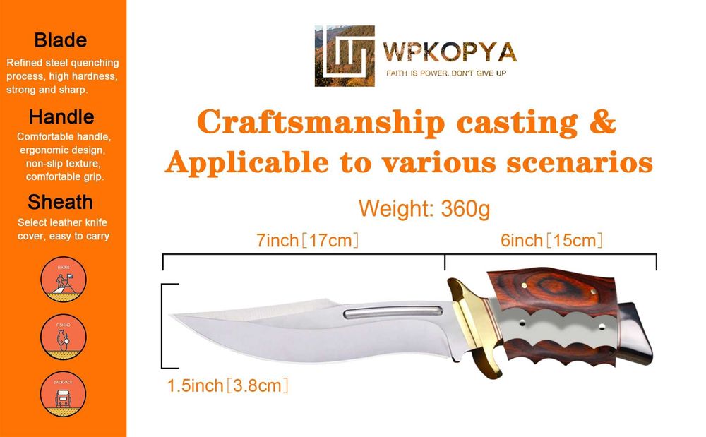 Ловен нож с кожена кания Full Tang Цяло парче метал HTWM-102