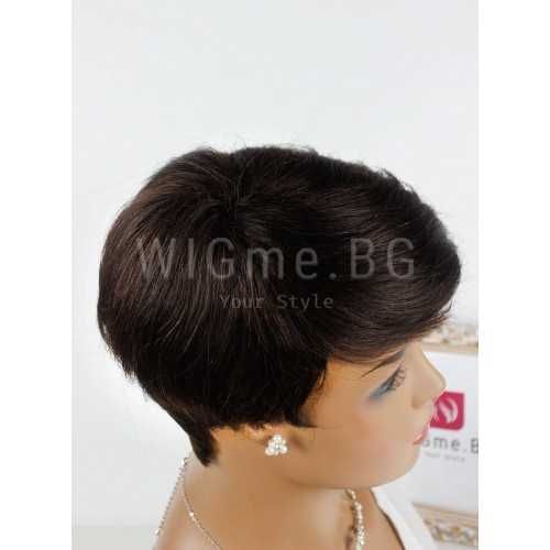 Къса тъмнокестенява перука от естествен косъм с бретон Регина