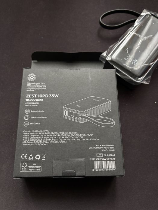 Baterie externa SBS 10000 mAh, 35 W, cablu USB-C, 1xUSB, 2xUSB-C, Gri