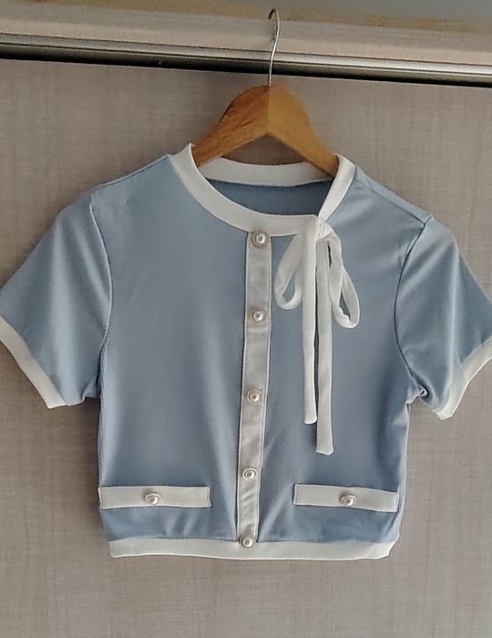 CropTop /Top Nou cu nasturi perlă și Fundiță chic la gât