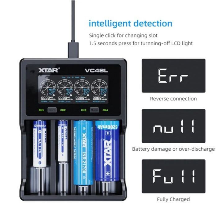 Зарядно у-во XTAR VC4SL, 4 гнезда, LCD дисплей, USB, LiIon & NIMH