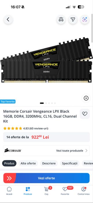 Memorie corsair venegeance 16gb 32gb ddr4 3200mhz lpx
