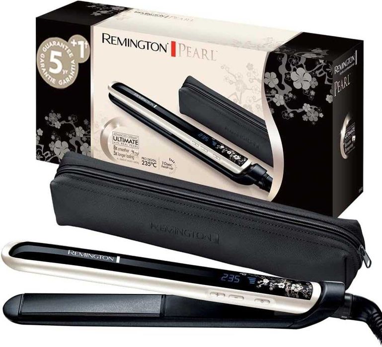 Преса за коса Remington [Ултра бързо и лесно плъзгане] Перлена (Висококачествена керамика с перлени парченца, Равномерно нагряване, LCD дисплей