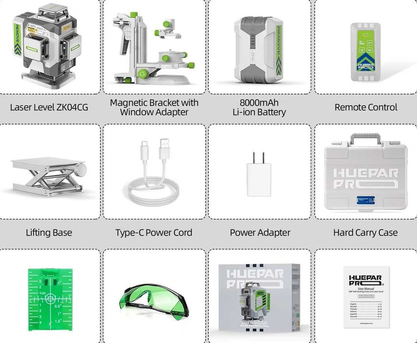 ПРОФЕСИОНАЛЕН 4D Лазерен Нивелир Huepar ZK04CG – 16 Линии