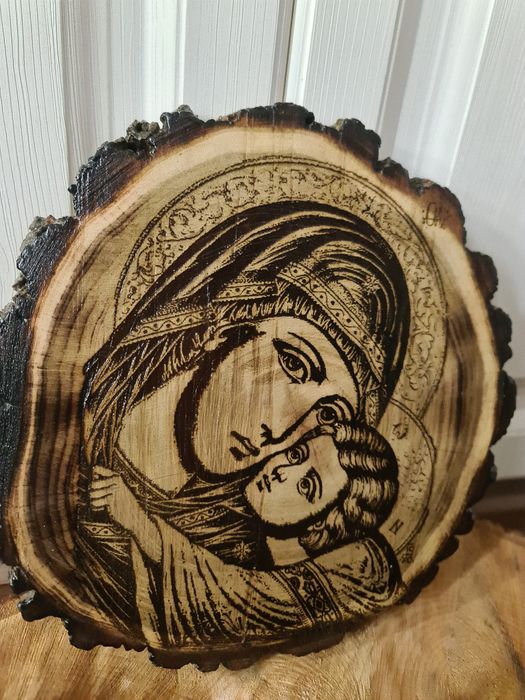 Icoană Lemn Portret Gravură Handmade Foto Cadou