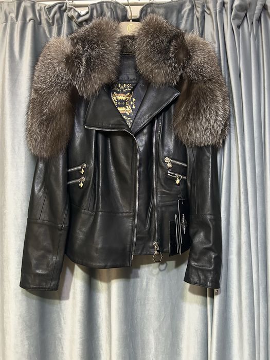Geacă piele Philipp Plein Homme (Limited Edition) cu guler din blană naturală – Nouă cu etichetă