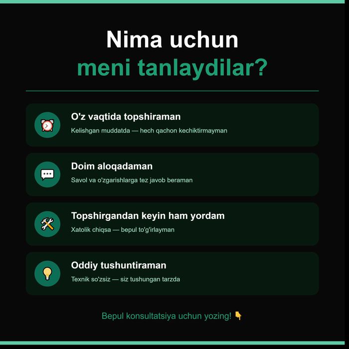 Telegram bot | Web sayt | Mobil ilova | AI  yechimlar yaratish