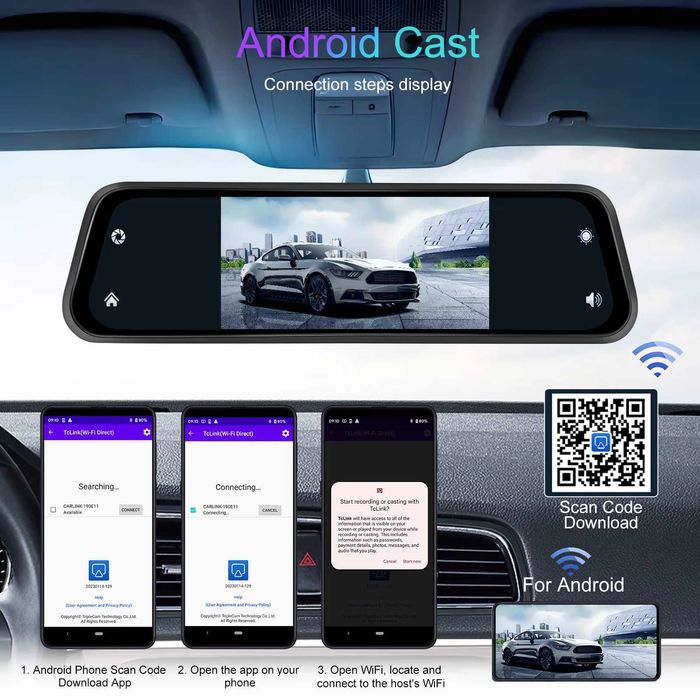 4K DVR Carplay Android auto Видеорегистратор огледало 12" AirPlay Cast
