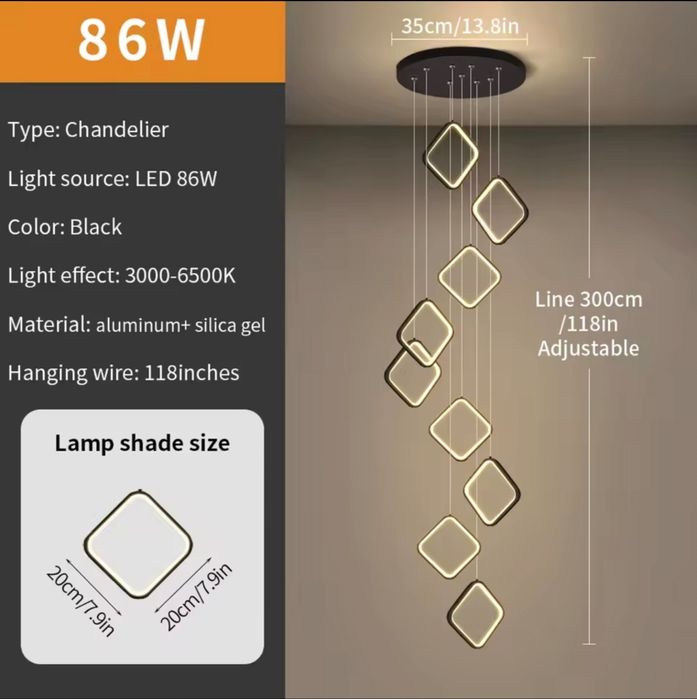 Висящи черни квадрати 86W 9 глави визящи до 3 м. за висок таван