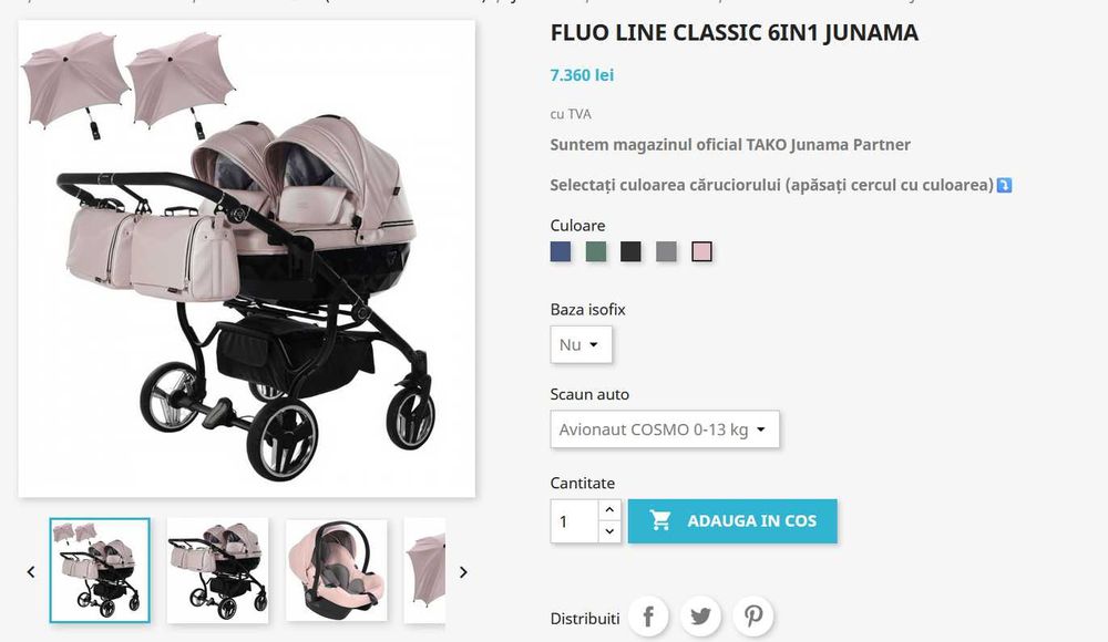 Cărucior gemeni Junama Fluo 6in1 complet, cu scoici