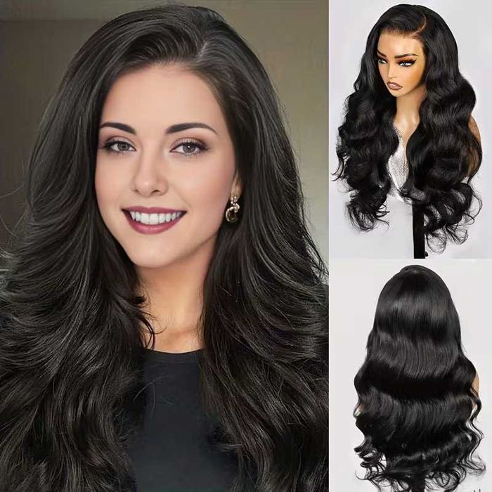 Черна синтетична чуплива перука 75 см с дантелена зона 13x4