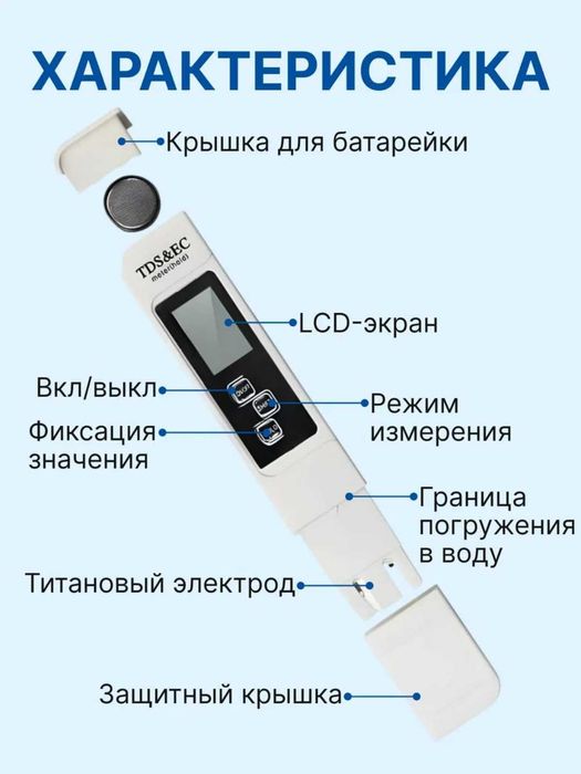 Тестер качества воды TSD EC Температура метр 3в1 Солемер, кондуктометр