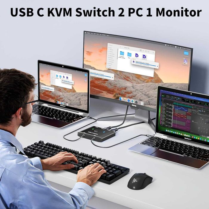 Switch USB-C 2 in 1 YOUTINGHDAV Switcher 2 Laptopuri 1 Monitor 4K 120Hz Video Alt DP Transfer 10Gbps Incarcare 100W PD Telecomanda Fir Produs Nou