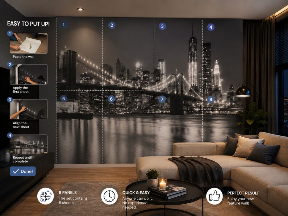 Tapet foto panoramic XXL cu skyline New York – Brooklyn Bridge, alb-negru, 3,6x2,7 m