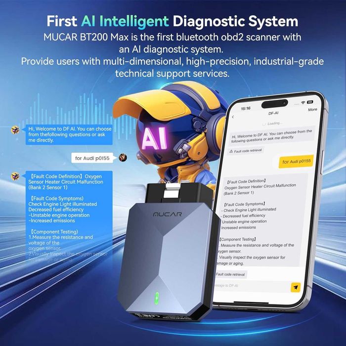 OBD2 скенер MUCAR BT200 Max Bluetooth AI диагностика