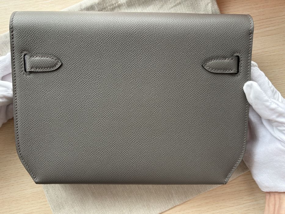 Hermès Kelly Dépêches 25 Epsom Etain, нова, пълен комплект
