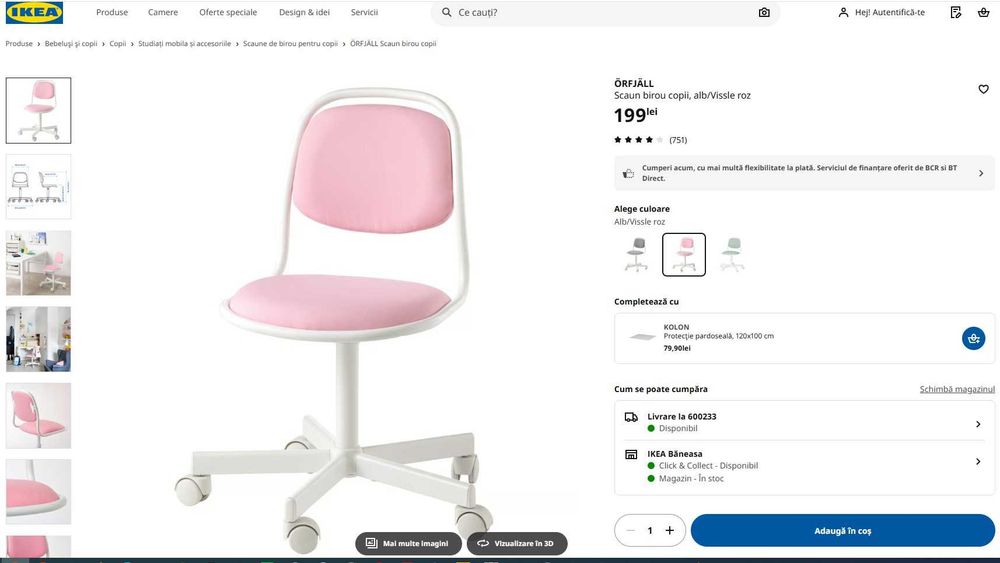 Scaun birou copii IKEA ORFJALL fete roz