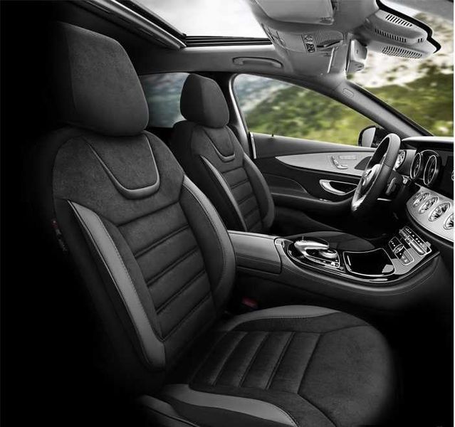 Комплект тапицерия за предни и задни седалки, черен цвят, сив кант