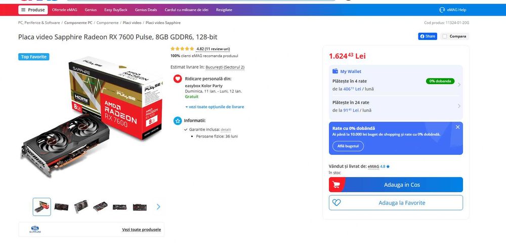 Placa video Sapphire Radeon RX 7600 Pulse 8 GB | GARANTIE EMAG