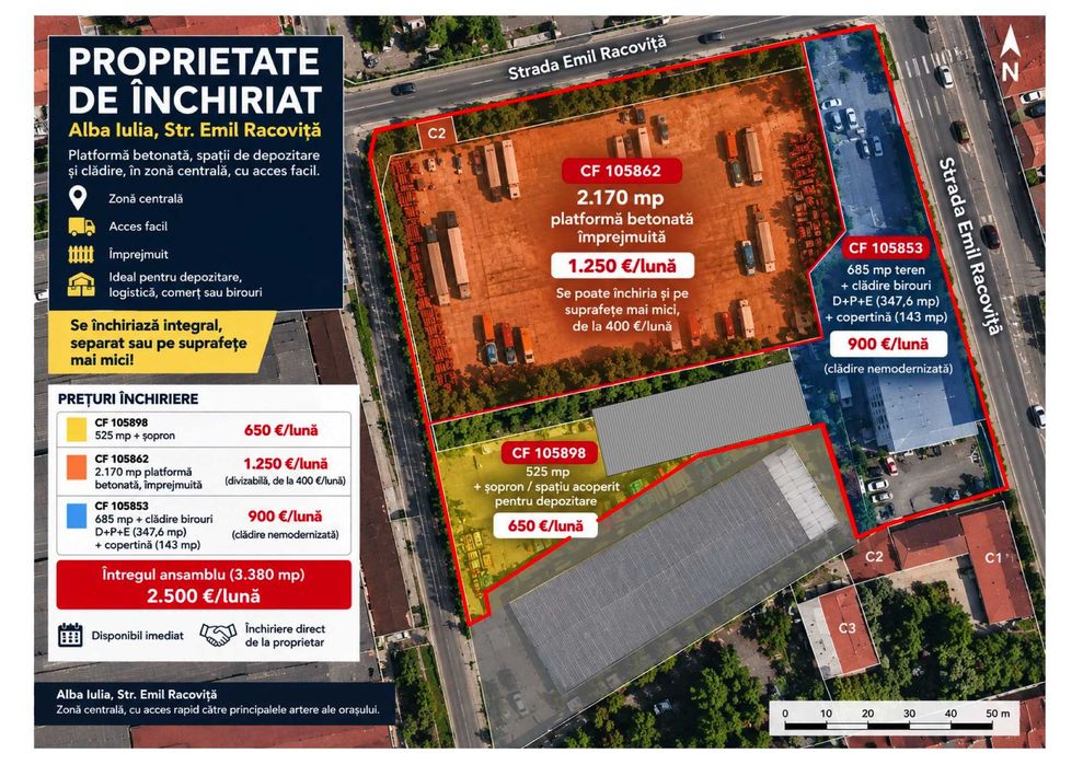 De închiriat – platformă betonată, spații de depozitare, clădire – Alba Iulia, Str. Emil Racoviță nr. 9
