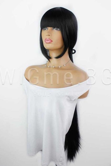 Екстра дълга права черна перука с бретон Ирен - 101 см.