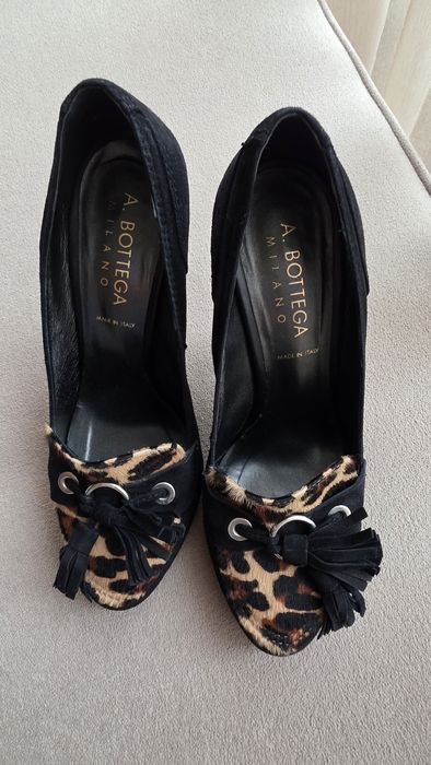 Кожени италиански обувки с ток и  кожа от пони с животински принт