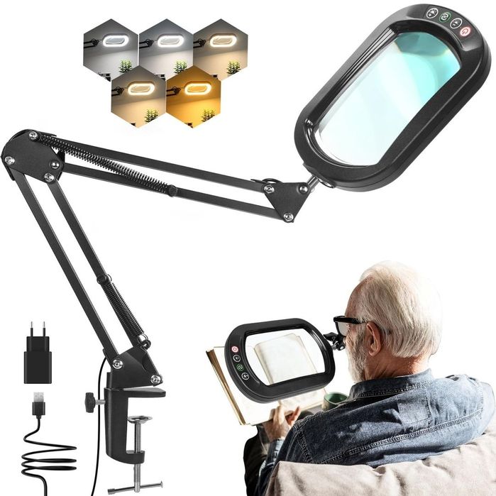Lampa cu lupă 10x cu prindere pe birou, 5 moduri iluminare