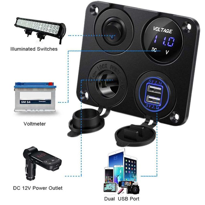 Панел за вграждане с 5 бутона, USB, 12V и волтметър